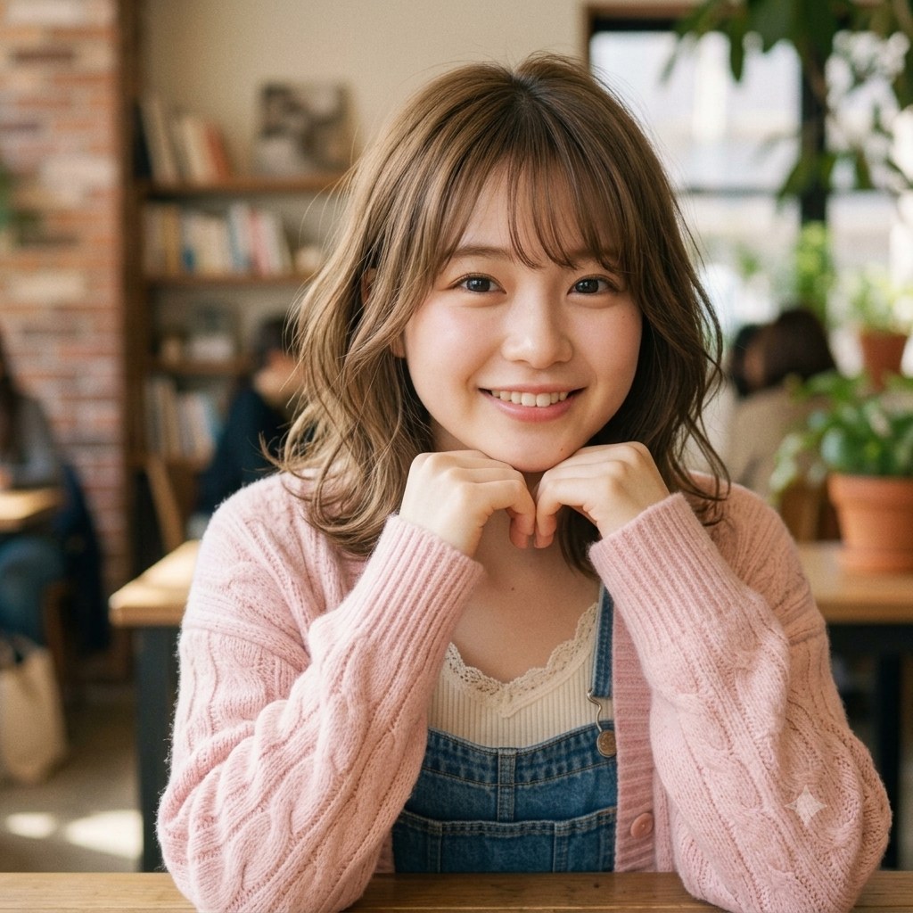 アッシュブラウンのゆるふわショートで笑顔の女性、カフェ風の明るい空間で撮影
