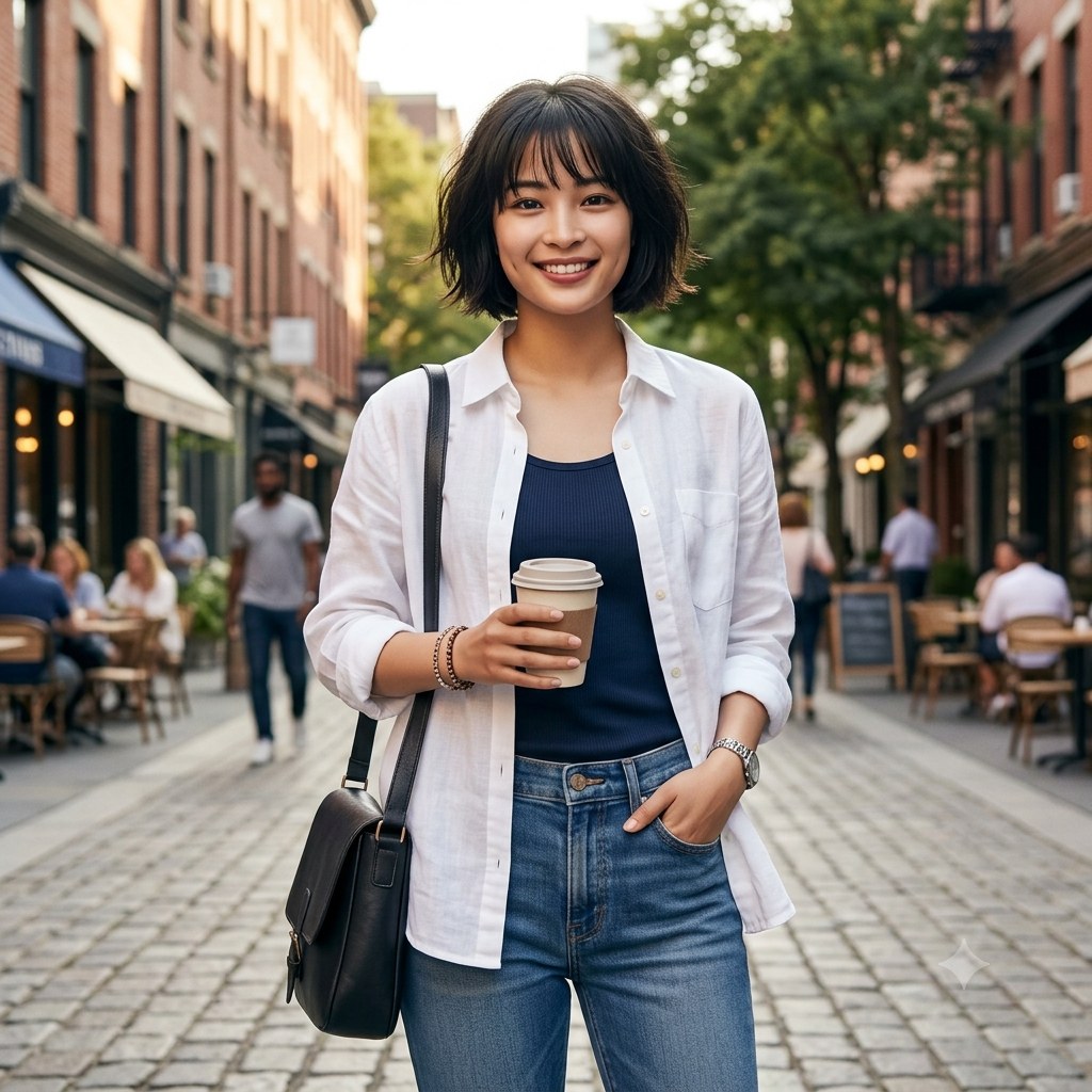 黒髪ショートボブに前髪のある女性の街角スナップ